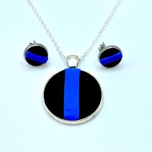 Thin blue line necklace and earring set